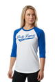 A 3/4 sleeve raglan t-shirt with a white body and royal blue sleeves, featuring 'Body Legacy EST. 2021' printed in blue across the chest.