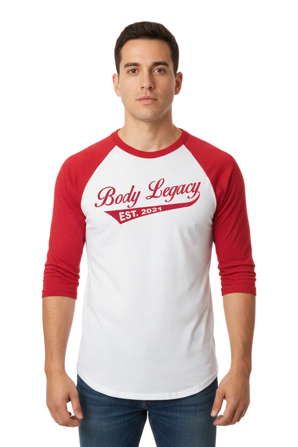A 3/4 sleeve raglan t-shirt with a white body and red sleeves, featuring 'Body Legacy EST. 2021' printed in red across the chest.