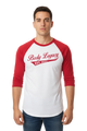 A 3/4 sleeve raglan t-shirt with a white body and red sleeves, featuring 'Body Legacy EST. 2021' printed in red across the chest.