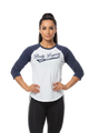 A 3/4 sleeve raglan t-shirt with a white body and navy blue sleeves, featuring 'Body Legacy EST. 2021' printed in navy on the chest.